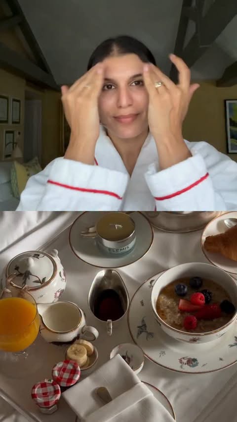 Instagram post by @india.cardona for ELEMIS. Caption reads: [...] breakfast in bed with my favourite....