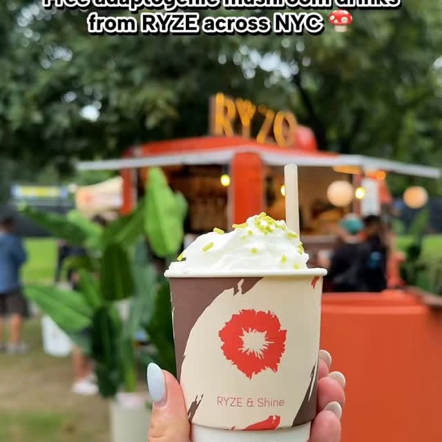 Instagram post by @nyc_forfree for RYZE SUPERFOODS. Caption reads: Free adaptogenic mushroom drinks from RYZE across....