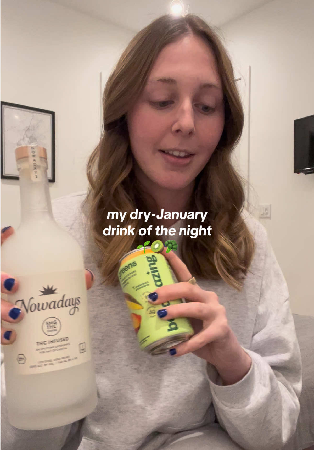 TikTok post by @mayaasummerss for NOWADAYS. Caption reads: [...] peach mango daily greens + @DRINK NOWADAYS....