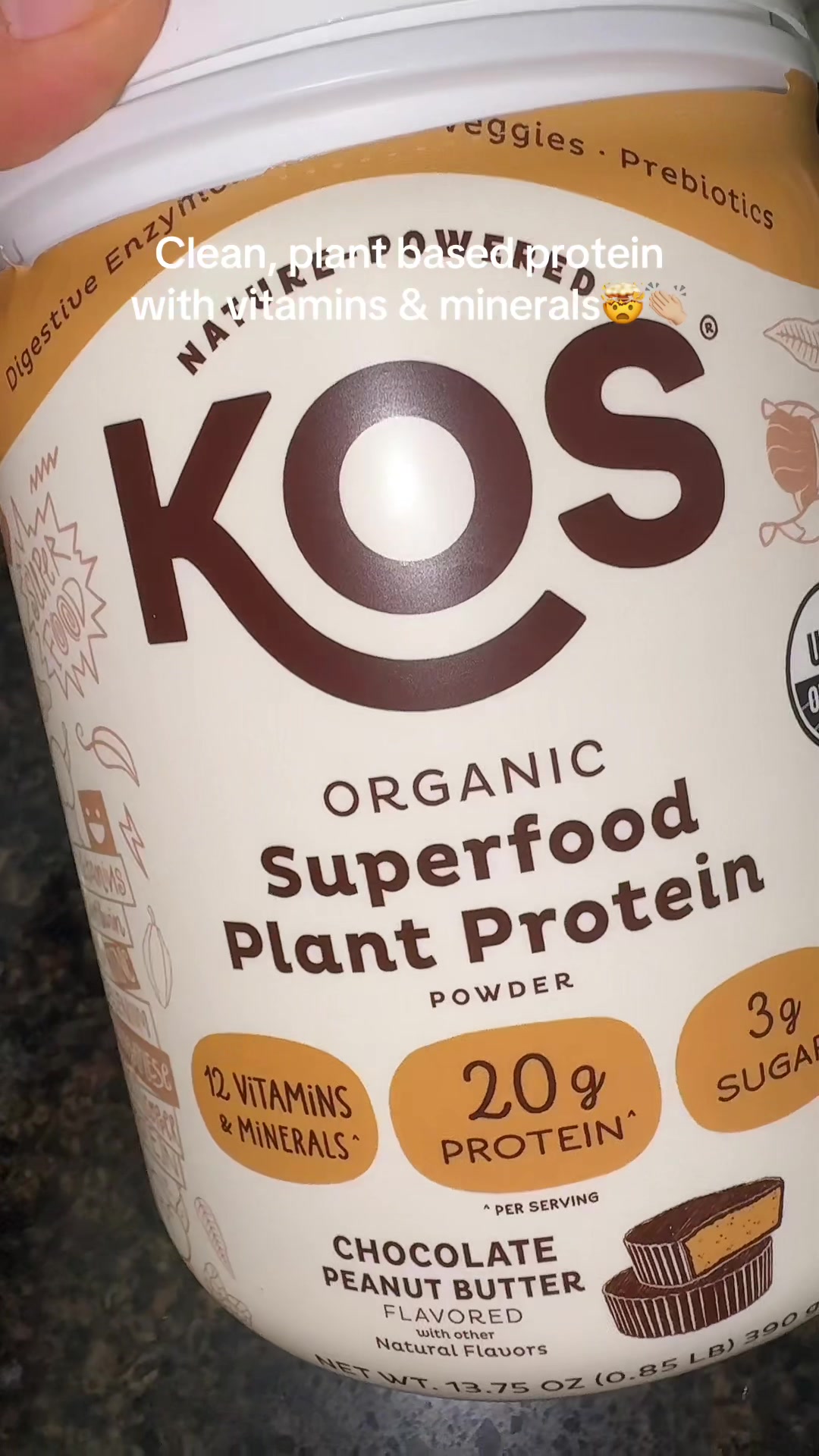 TikTok post by @elyyydlm for KOS. Caption reads: Fuel yourself the clean way💪🌱 @KOS Superfoods....