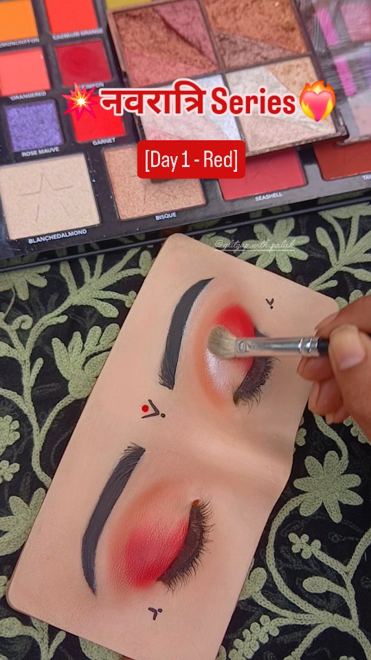Instagram post by @glitzup_with_palak for MOIRA BEAUTY. Caption reads: Navratri Day 1 - RED Colour EyeMakeup Tutorial....