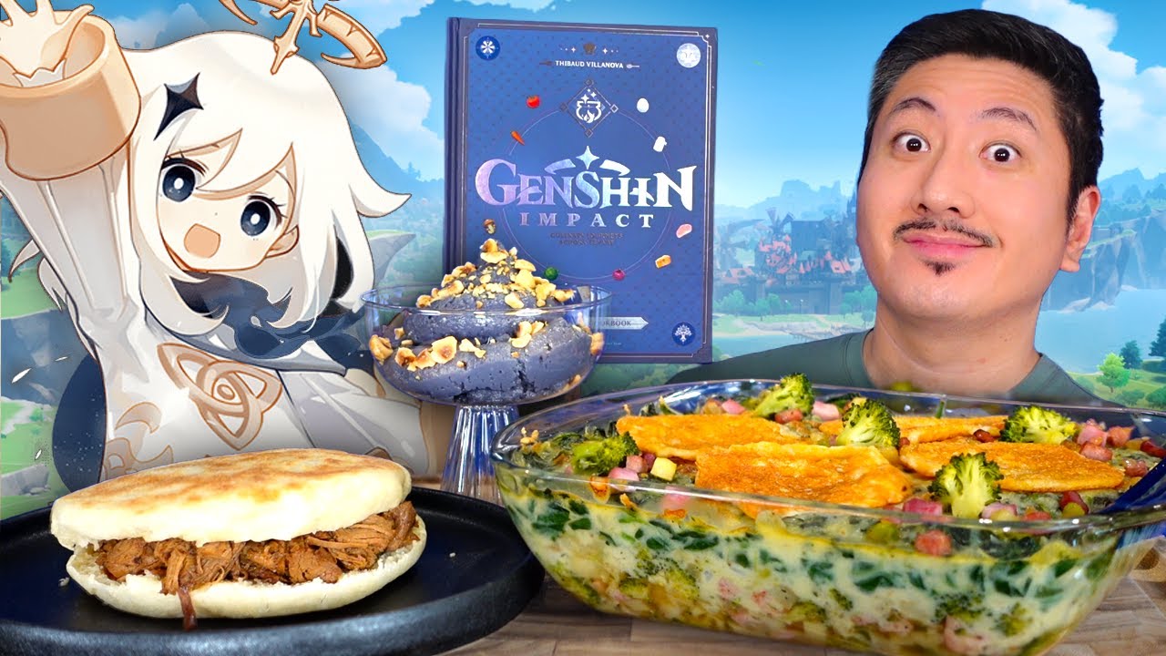 YouTube post by @MisoHungrie for TokyoTreat. Caption reads: Is the GENSHIN IMPACT Cookbook any good?.