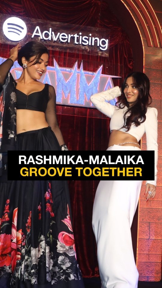 Instagram post by @movietalkies for Universal Musiek. Caption reads: #MalaikaArora & #RashmikaMandanna shake legs....
