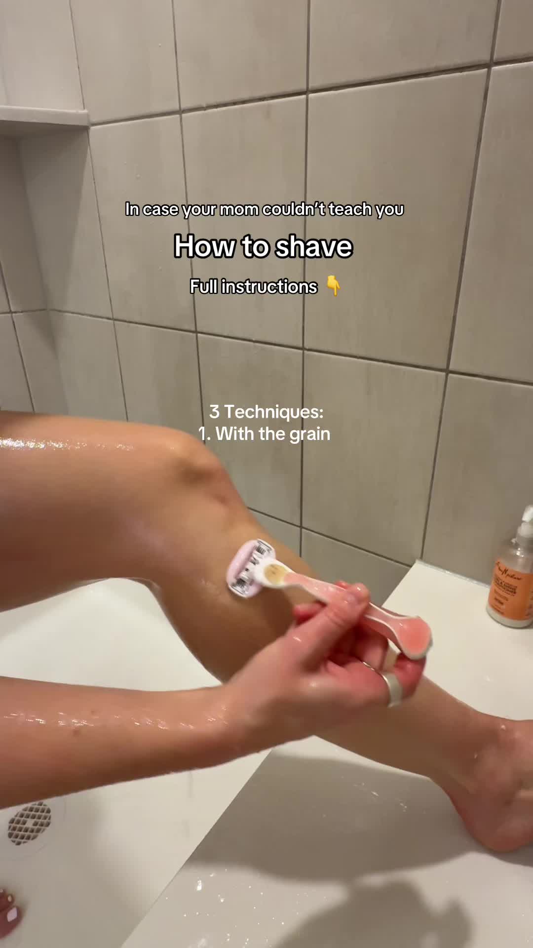 TikTok post by @hey.im.rach for Gillette Venus. Caption reads: Smooth Skin Shaving Routine 🧼🪒✨  1. Either soak....