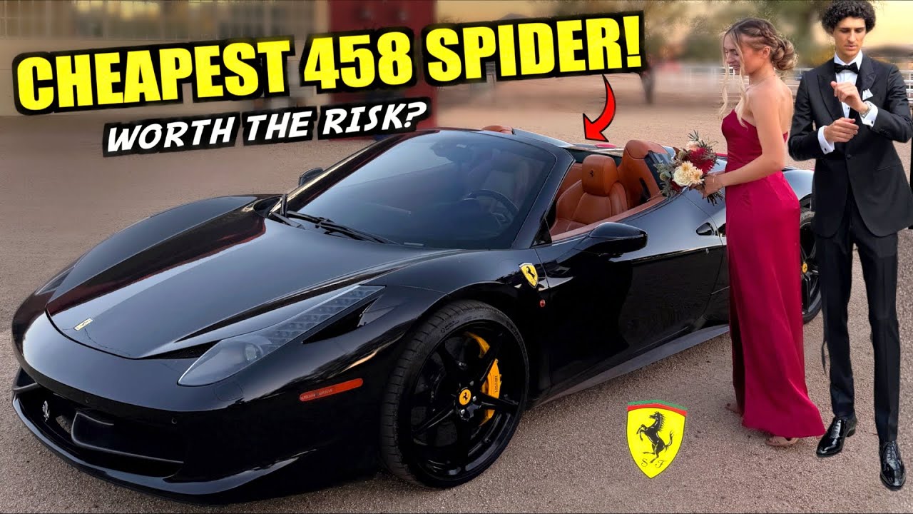 YouTube post by @JRGarage for Webull. Caption reads: We Bought The CHEAPEST Ferrari 458 Spider In The....