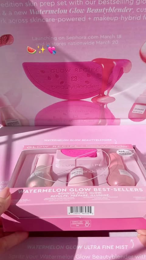 Instagram post by @fromsandyxo for Beautyblender. Caption reads: The cutest collab 🍉💘 @glowrecipe x....