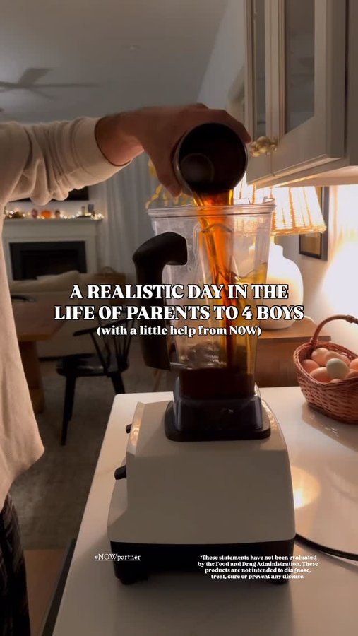 Instagram post by @daddioskitchen for NOW Foods. Caption reads: A realistic day in the life with 4 boys, working....