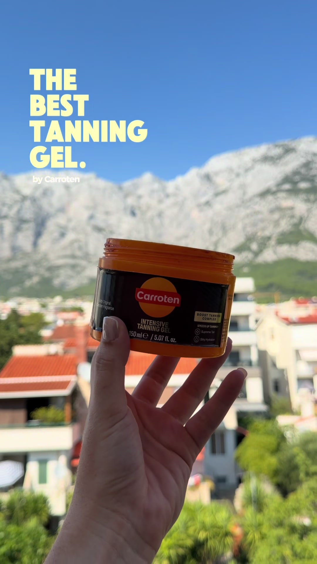 TikTok post by @ajlapsc for Carroten Greece. Caption reads: @CARROTEN my fav tanning gel made it to Croatia....