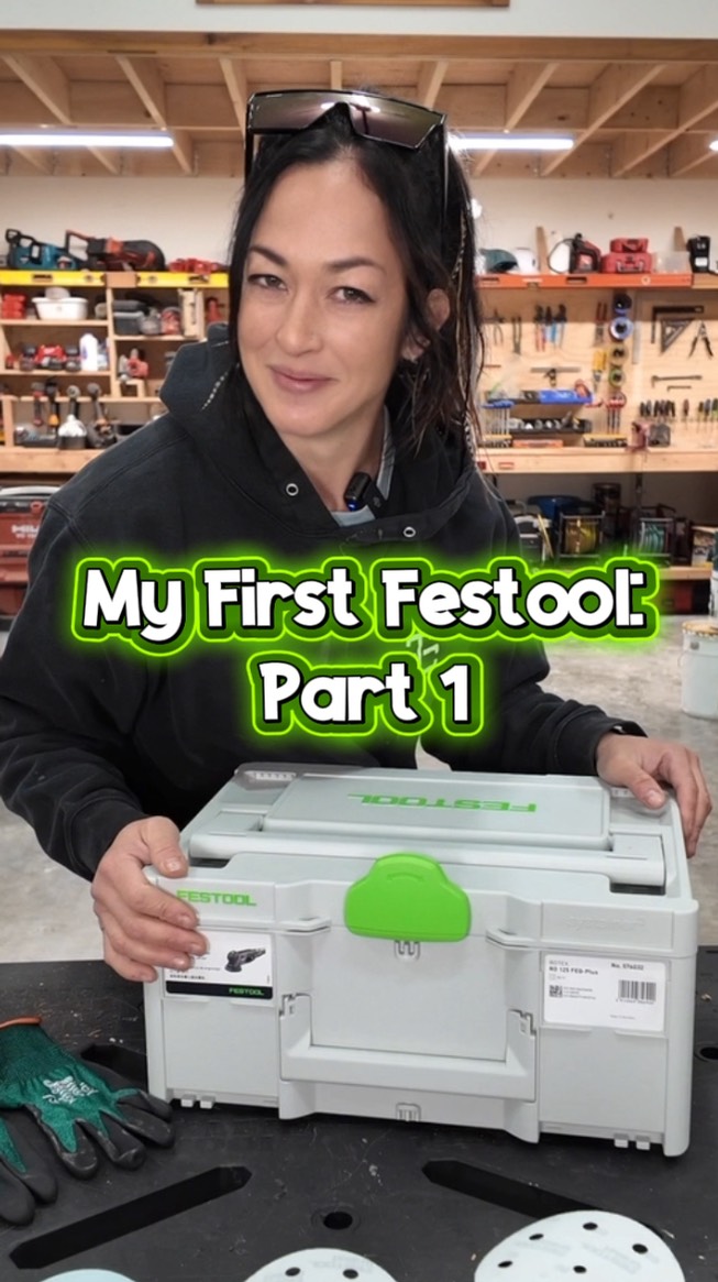 Instagram post by @the_ladyplumber for Festool USA. Caption reads: Introducing my first @festool!  The Rotex RO 125....