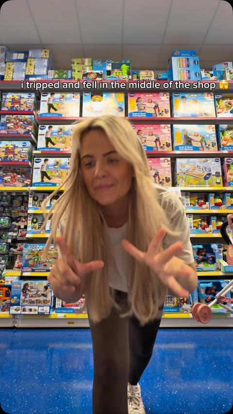 Instagram post by @meganburnsss99 for Smyths Toys Superstores. Caption reads: I TRIPPED AND FELL IN THE MIDDLE OF THE SHOP😭😂....