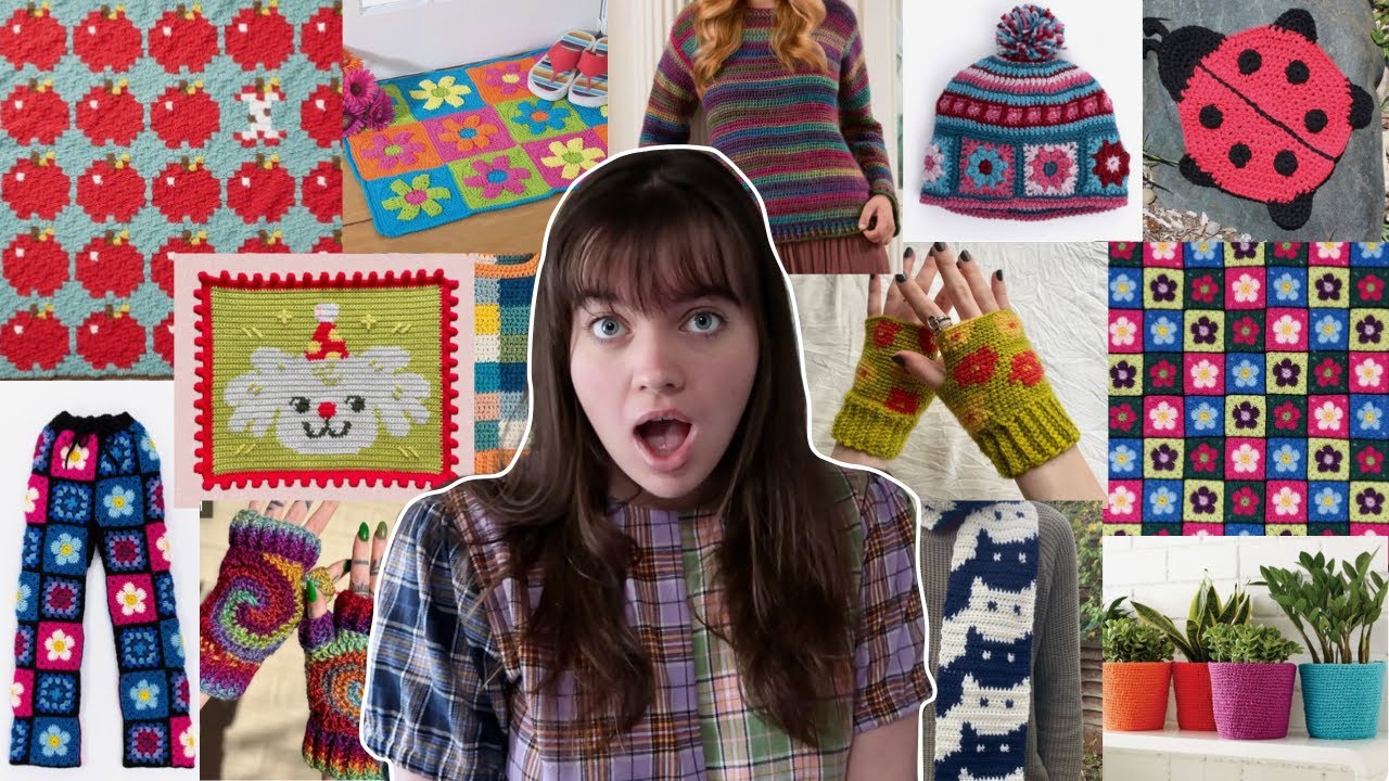 YouTube post by @omazingpaige for Yarnspirations. Caption reads: 50+ easy WEIRD GIRL crochet ideas with free....