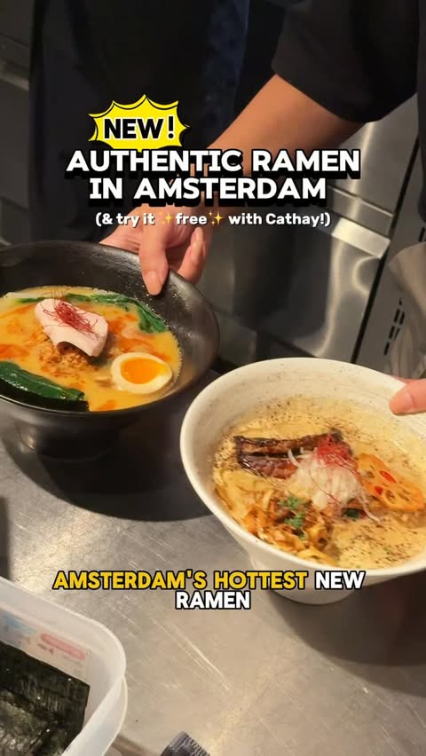 Instagram post by @natalieats_amsterdam for Cathay Pacific. Caption reads: ✨🍜 AMSTERDAM’S HOTTEST NEW RAMEN BAR (& FREE....