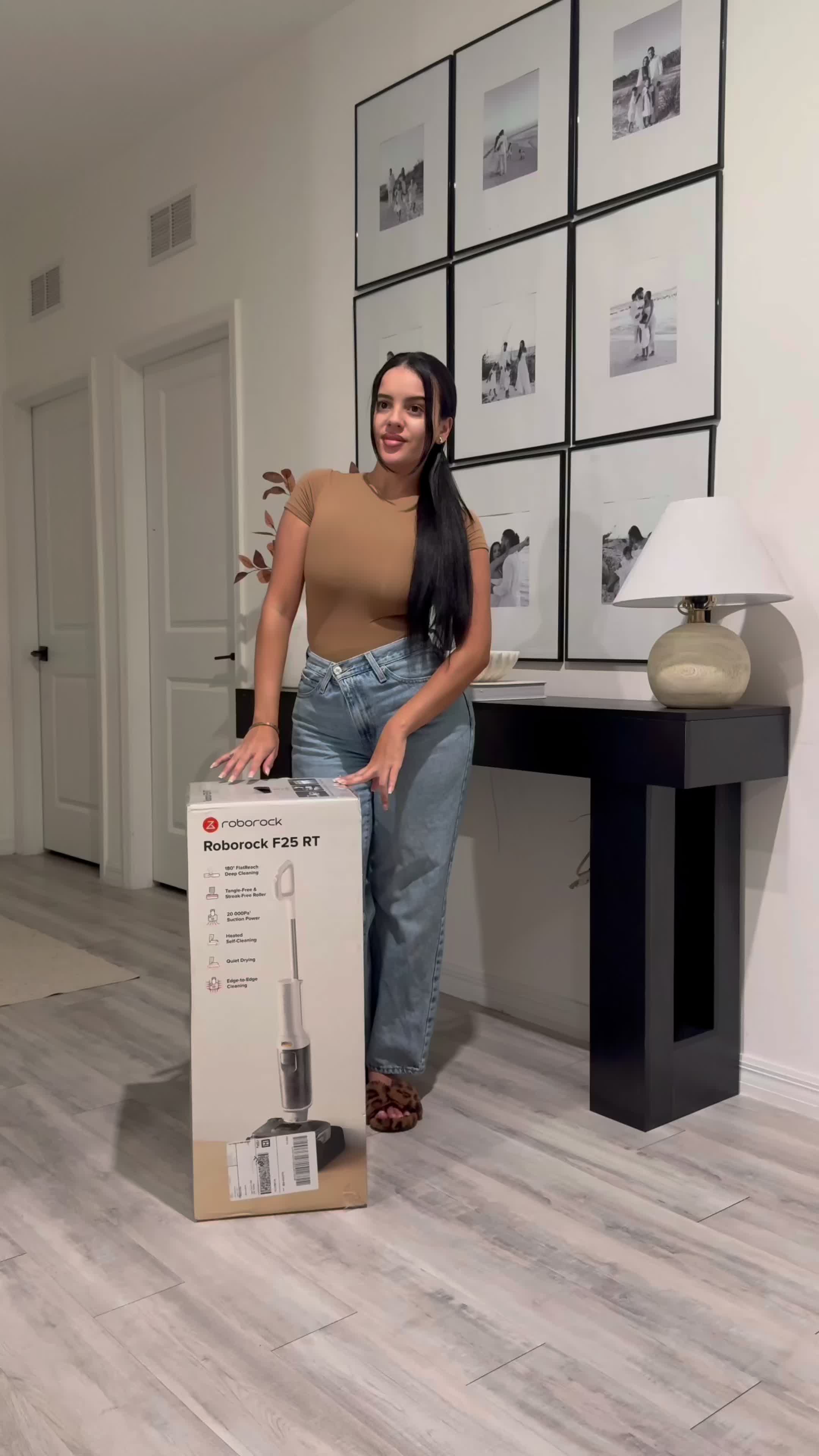 TikTok post by @marlenavelezz for Roborock. Caption reads: Crumbs to clean in minutes. Roborock F25 GT pulls....