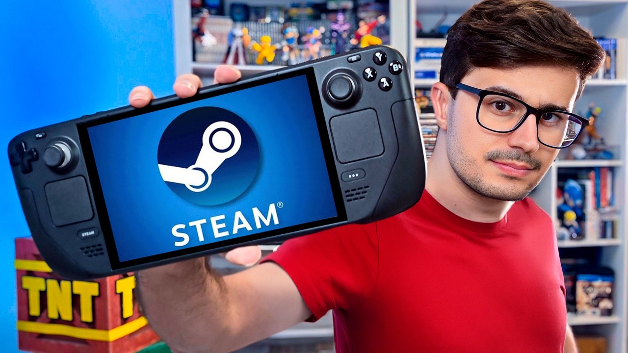 YouTube post by @Fiaspo for AliExpress. Caption reads: COMPREI o STEAM DECK em 2025 (Vale a Pena?).