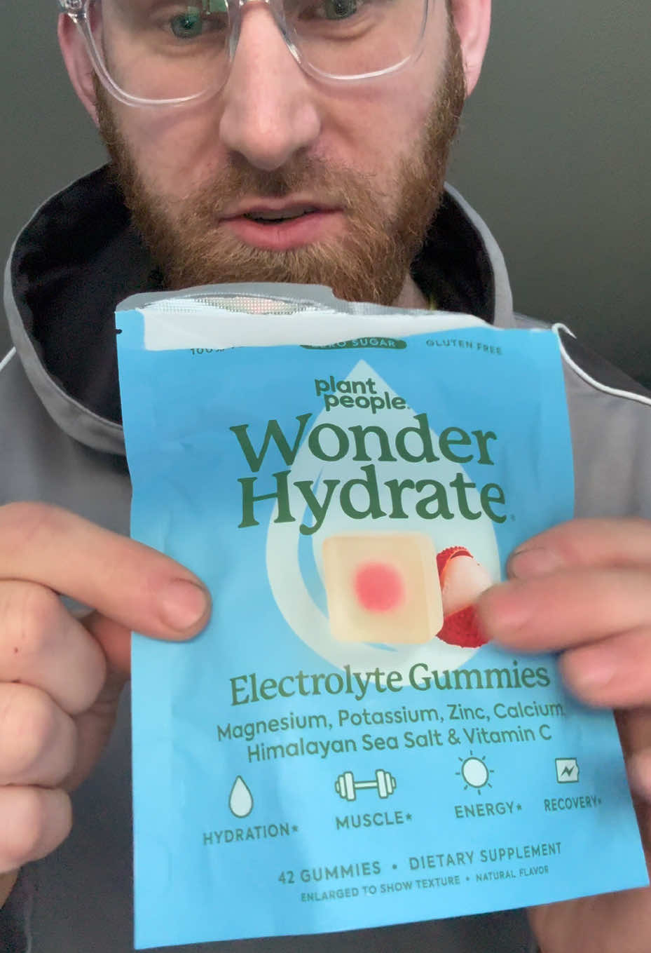 TikTok post by @officialcodyferrell for Plant People. Caption reads: [...] hydration gummy! #wonderhydrate #plantpeople....