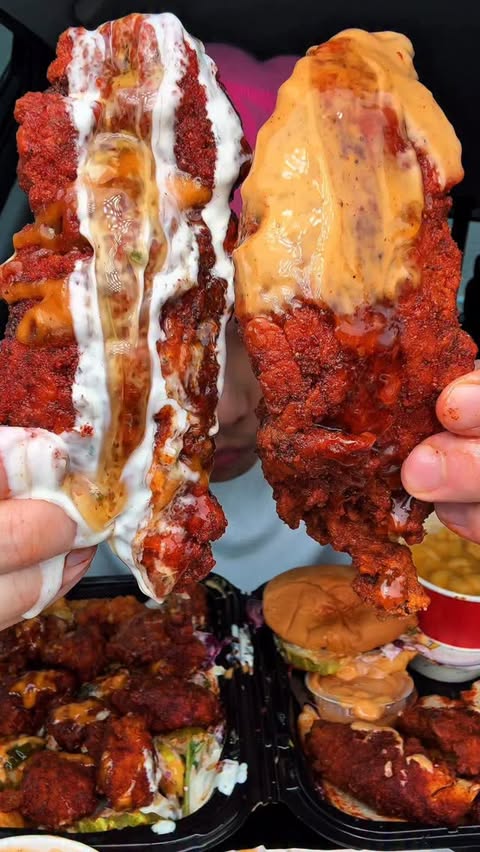 Instagram post by @shhhhimeating1 for OLIPOP. Caption reads: [...] Daves hot chicken with @drinkolipop....