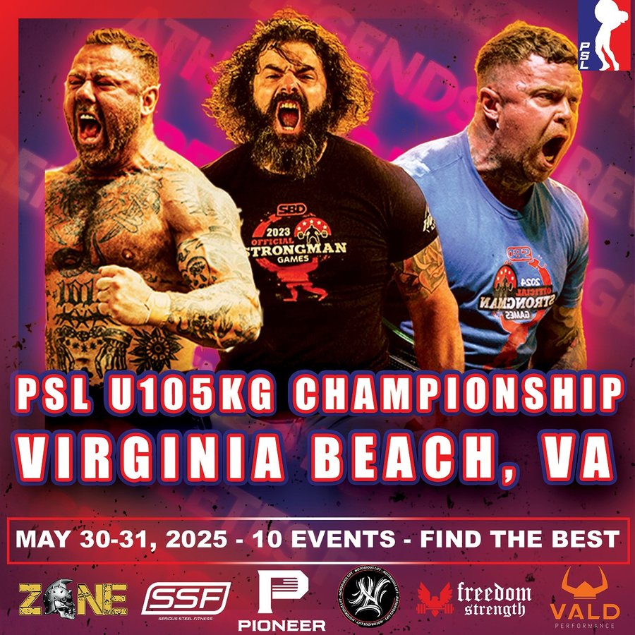 Instagram post by @theburleystrongman for Pioneer Fit. Caption reads: 🏆 The U105kg Championship is coming to Virginia....