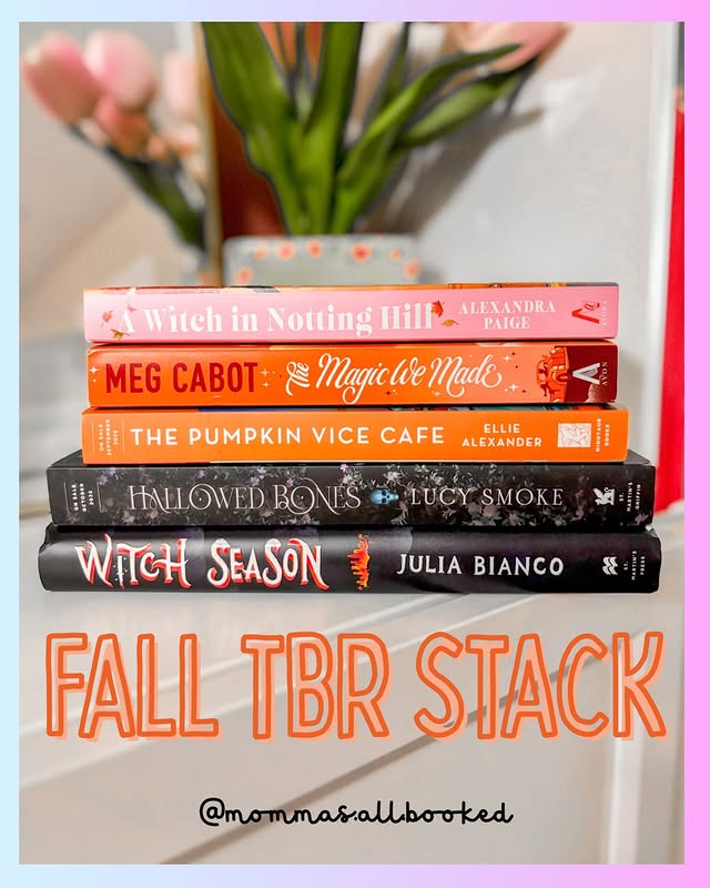 Instagram post by @mommas.all.booked for Minotaur Books. Caption reads: The cutest stack of fall books came in the mail....