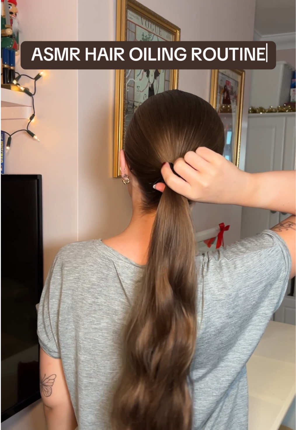 TikTok post by @bronaghr for Hair Syrup. Caption reads: ASMR HAIR OILING ROUTINE 🍯  (Volume up🔊)   Hair....