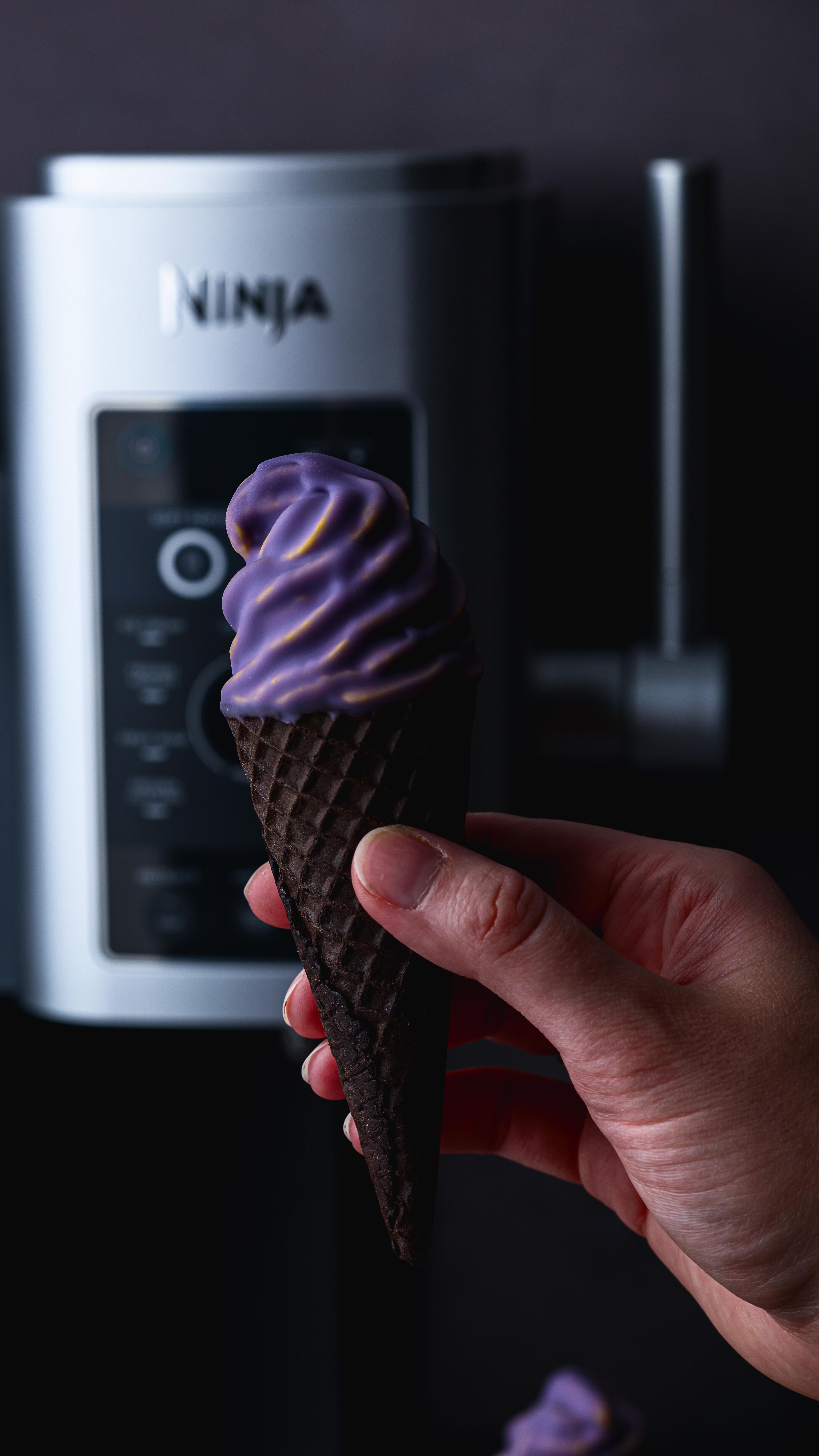 Instagram post by @youthsweets for Ninja Kitchen. Caption reads: pumpkin ube cones ft. the Ninja Swirl™ by CREAMi®....