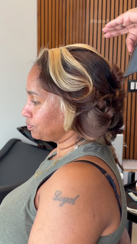 Instagram post by @_hairbynisha_ for Matrix. Caption reads: [...] blonde from start to finish using my Matrix....
