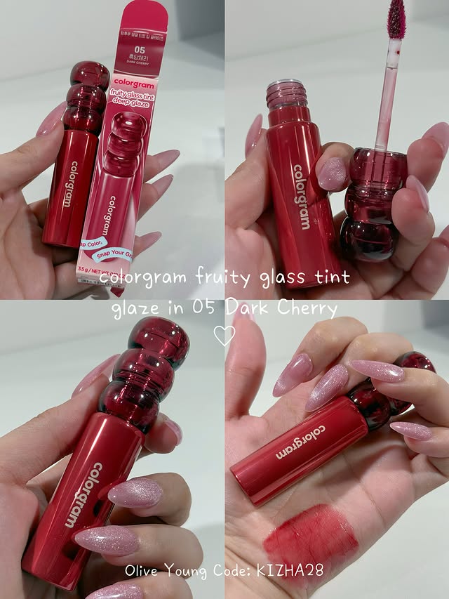 Instagram post by @kizha.nicolee for Olive Young. Caption reads: [...] 🍒 get this cute cherry gloss in....