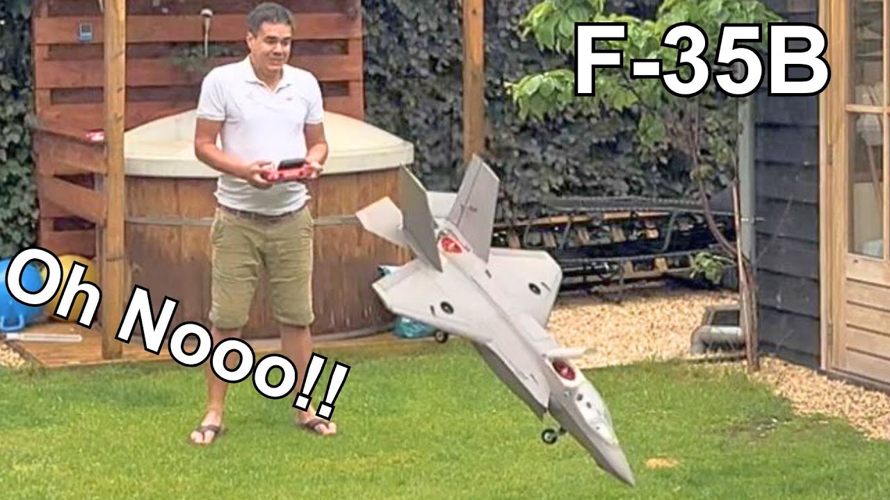 YouTube post by @Joelmelanie for PCBWay. Caption reads: I Crashed My F-35B In My Garden | RC Jetprint....