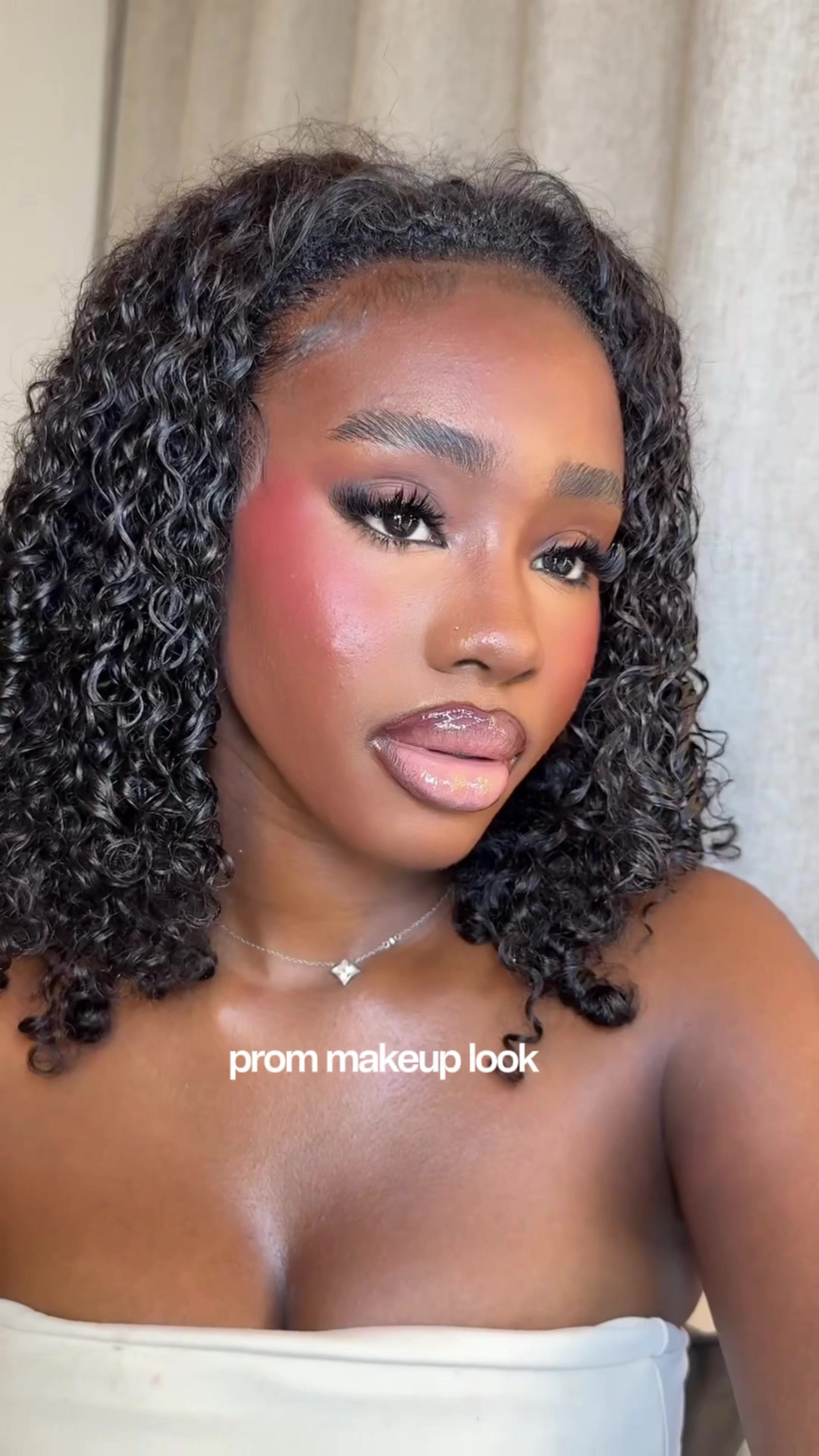 TikTok post by @amariah.lawal for Jecca Blac. Caption reads: soft glam prom makeup ✨🤍 products used: • @KASH....