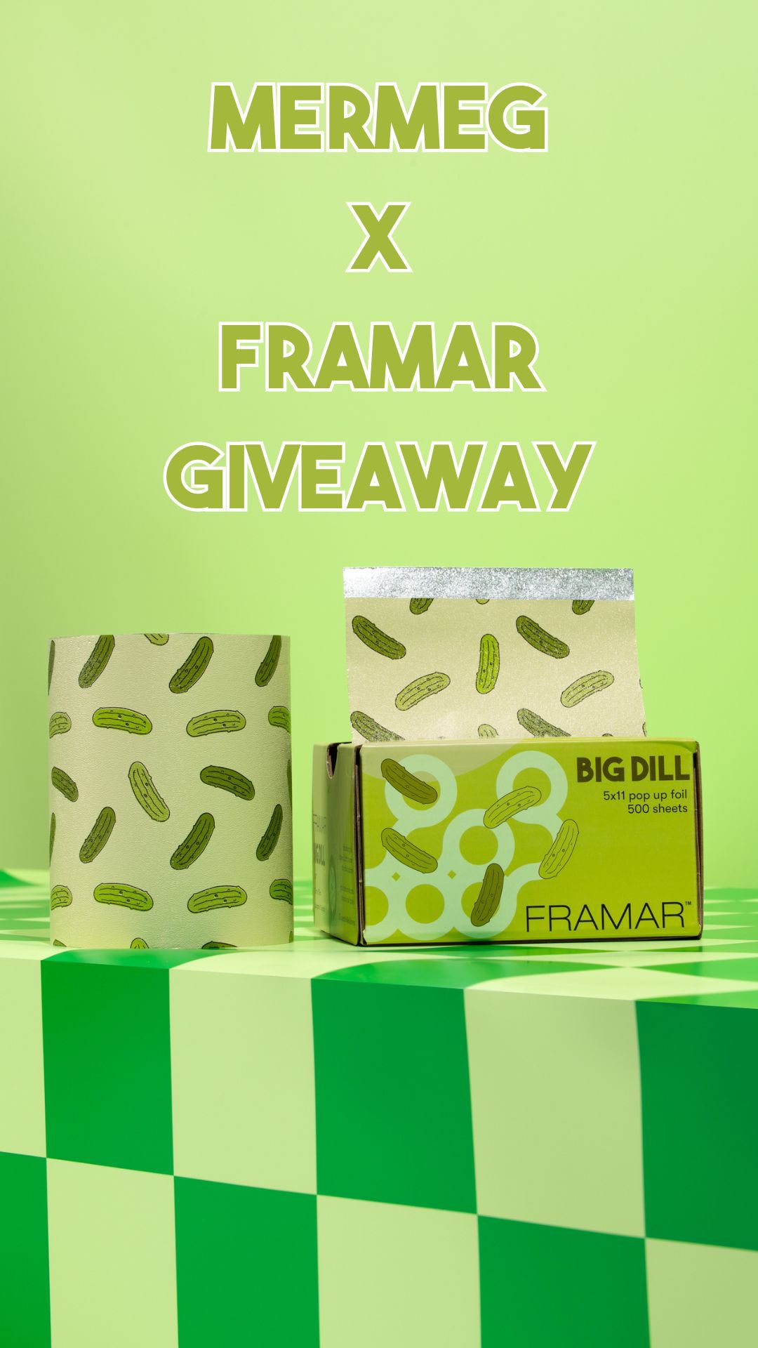 Instagram post by @mermeghair for Framar. Caption reads: 🥒💚 Congratulations to @_styledbymia....