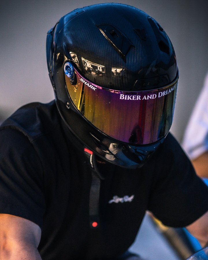 Instagram post by @rioskyrr for SHARK Helmets. Caption reads: In my world, in my mind, always runnin‘ outta time....