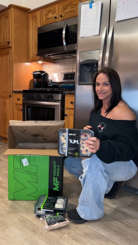 Instagram post by @tivancik_ifbbpro for Megafit Meals. Caption reads: [...] between, the weeks get full fast—and....