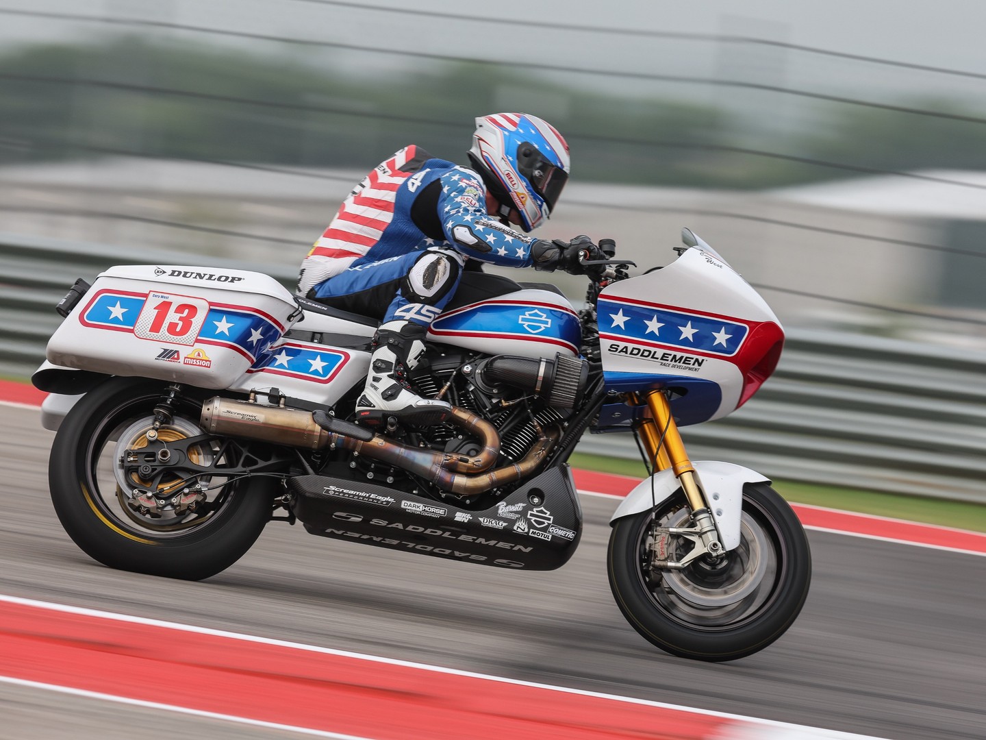 Instagram post by @saddlemenracedevelopment for Harley-Davidson. Caption reads: ⭐🇺🇸 Last year, Team Saddlemen wowed fans at COTA....