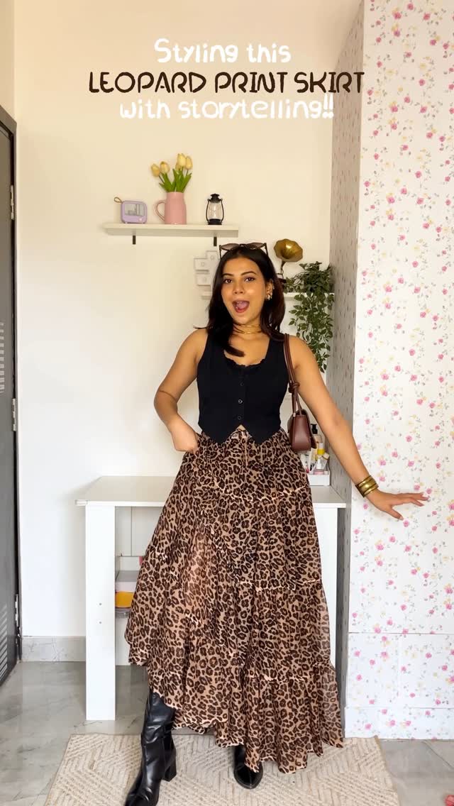 Instagram post by @sadhna__nayak for streetstylestore. Caption reads: Styling this LEOPARD PRINT SKIRT ✨

Skirt :....