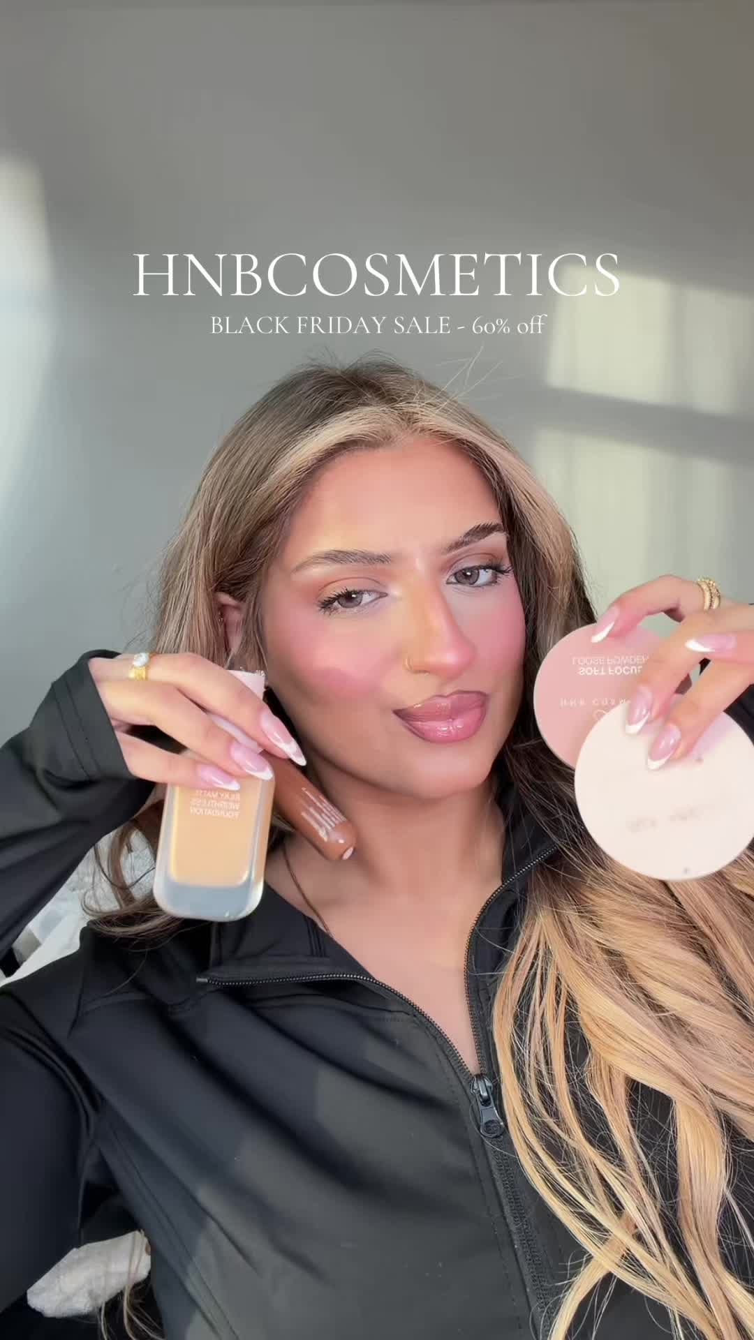 TikTok post by @kayenaatt for HNB Cosmetics. Caption reads: BLACK FRIDAY SALE!! Save upto 60% off on @HNB....