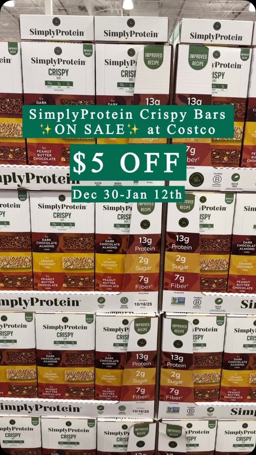 Instagram post by @costcofoodreviews for SimplyProtein. Caption reads: #ad @simplyprotein Crispy Bars are ✨ON SALE✨ at....