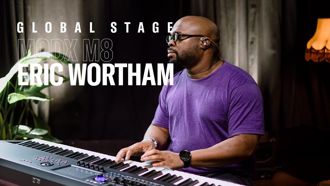 YouTube post by @YamahaSynthsOfficial for Yamaha. Caption reads: Yamaha Global Stage | MODX M8 | Eric Wortham [...].