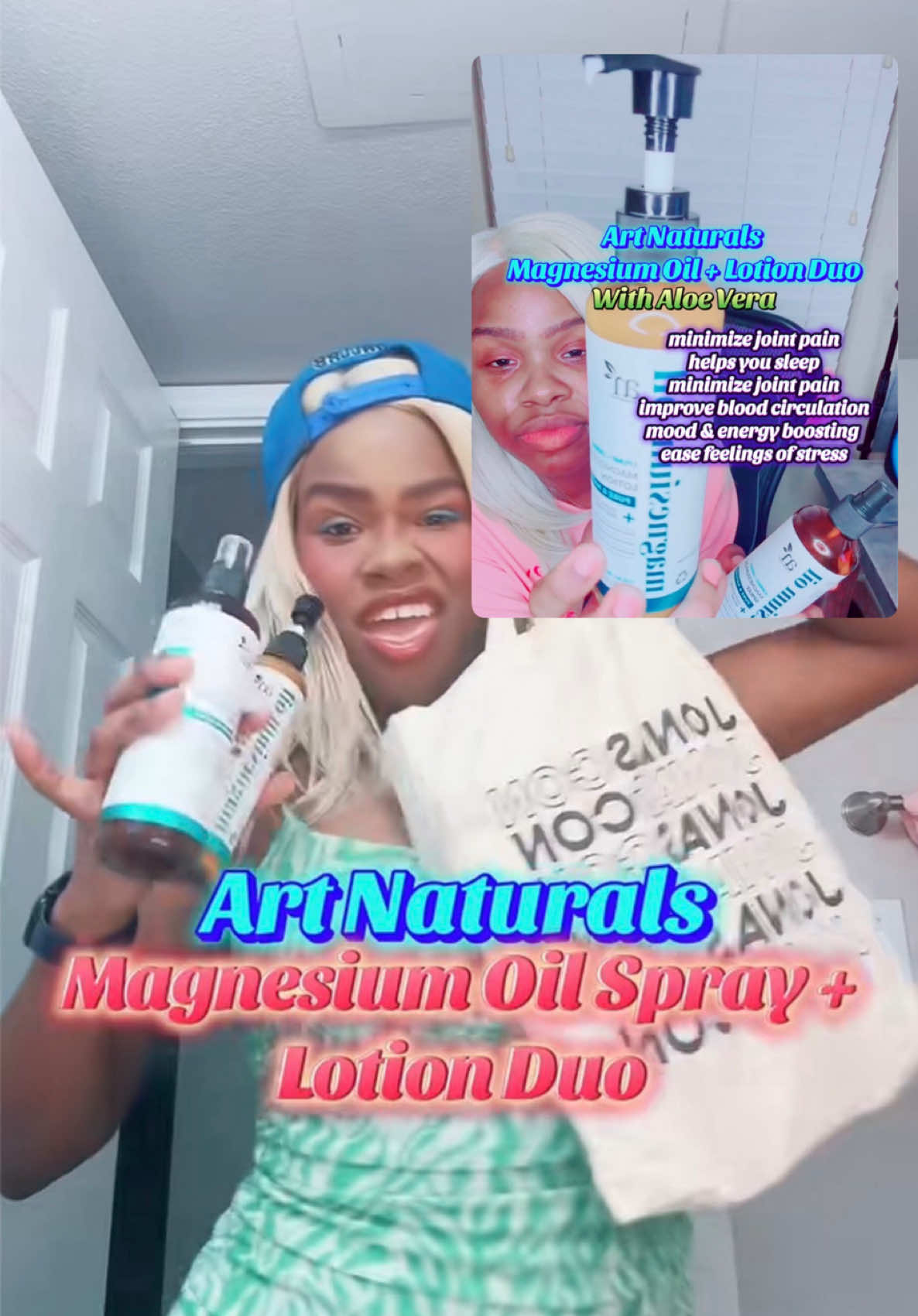 TikTok post by @jadalaina for artnaturals. Caption reads: @artnaturals relieves my muscle cramps so quickly.....