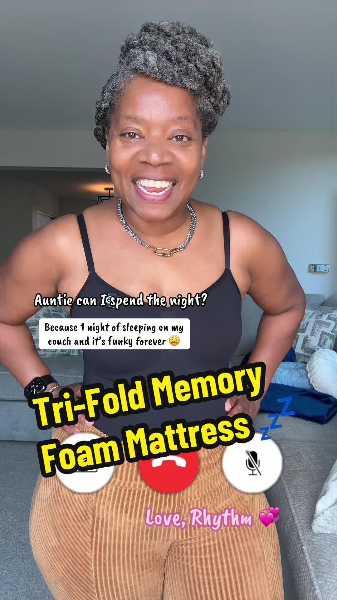 TikTok post by @rhythmandcoils for Sweetcrispy Official. Caption reads: [...] #foldablemattress @Sweetcrispy Official....