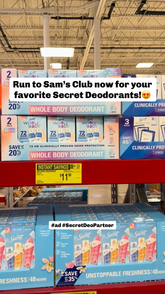Instagram post by @samsclublovers for Secret Deodorant. Caption reads: #ad #SecretDeoPartner Now until 11/30 run to Sam’s....