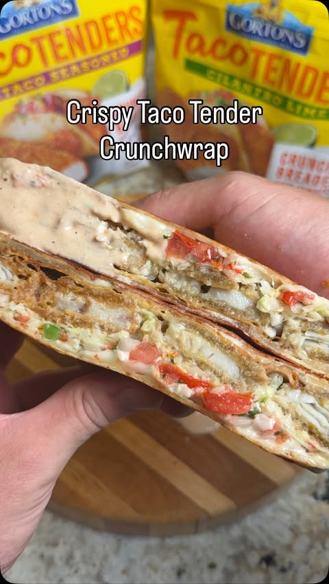 Instagram post by @poggiolieats for Gorton's. Caption reads: Gameday Crispy Taco Tender Crunchwrap: Crispy....