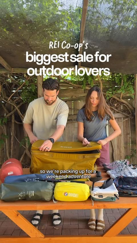 Instagram post by @travelersforgood for REI. Caption reads: Our FAVORITE outdoor gear is on sale @rei 🌲🥾 REI....