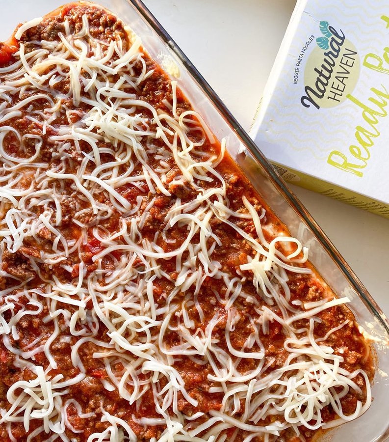 Instagram post by @texymexy_living for Natural Heaven. Caption reads: This guilt free lasagna is the bomb....
