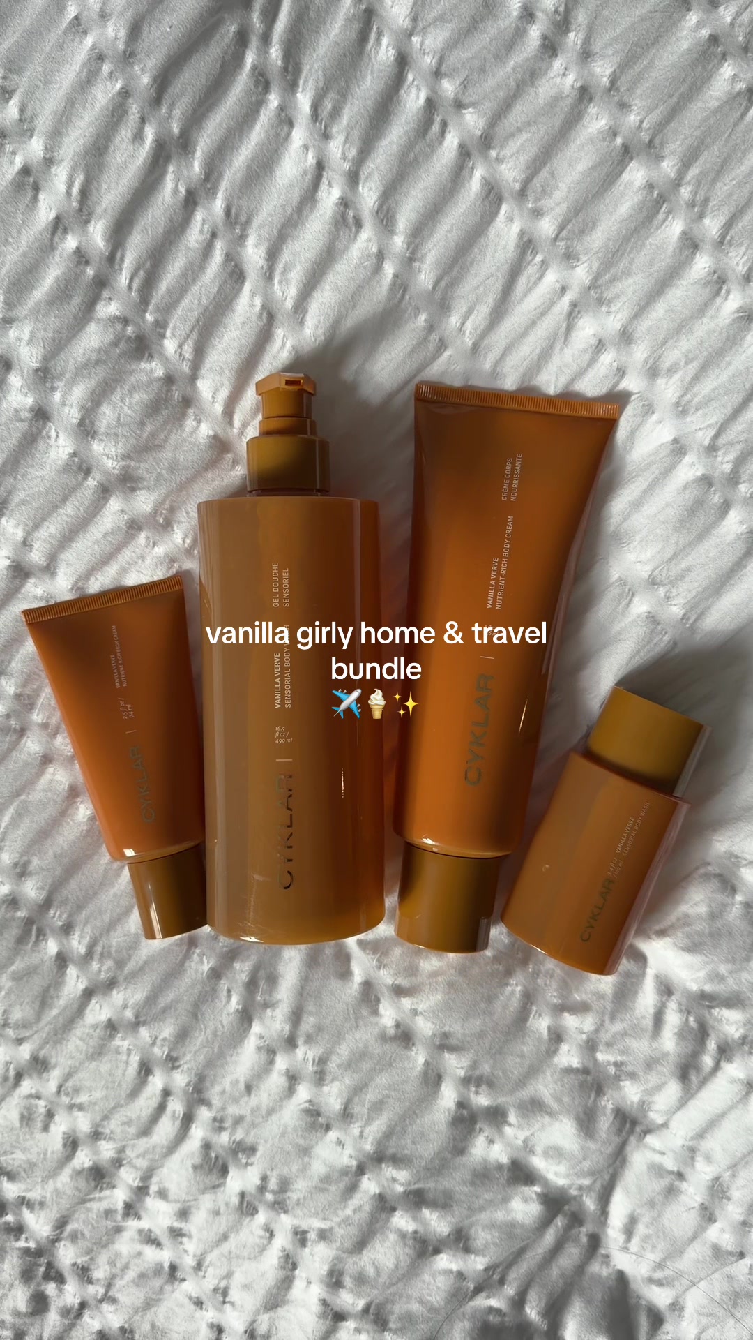 TikTok post by @sophiekimmaii for CYKLAR. Caption reads: [...] travel with your favorite vanilla set🍦....