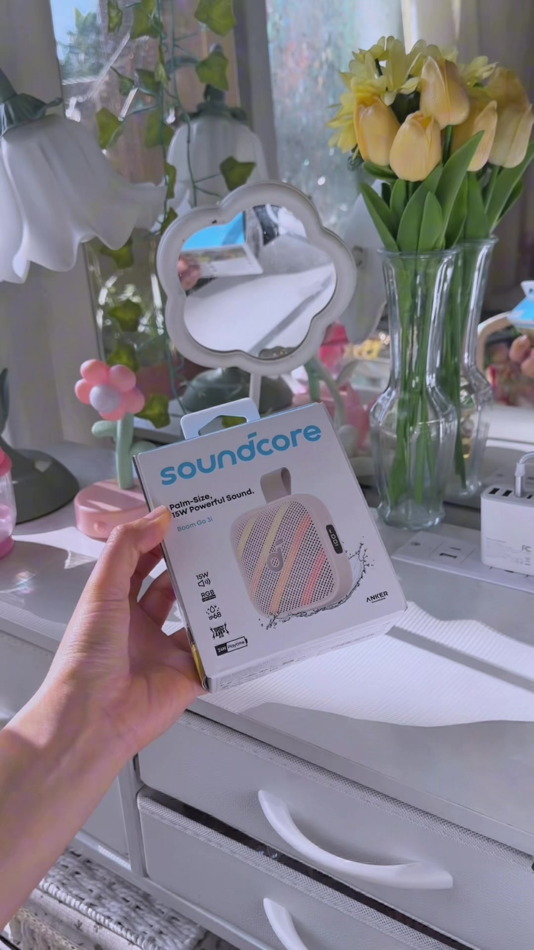 TikTok post by @shirleyhil for Soundcore by Anker. Caption reads: [...] and lasts 24 hrs playing 💗✨ . @soundcore by....