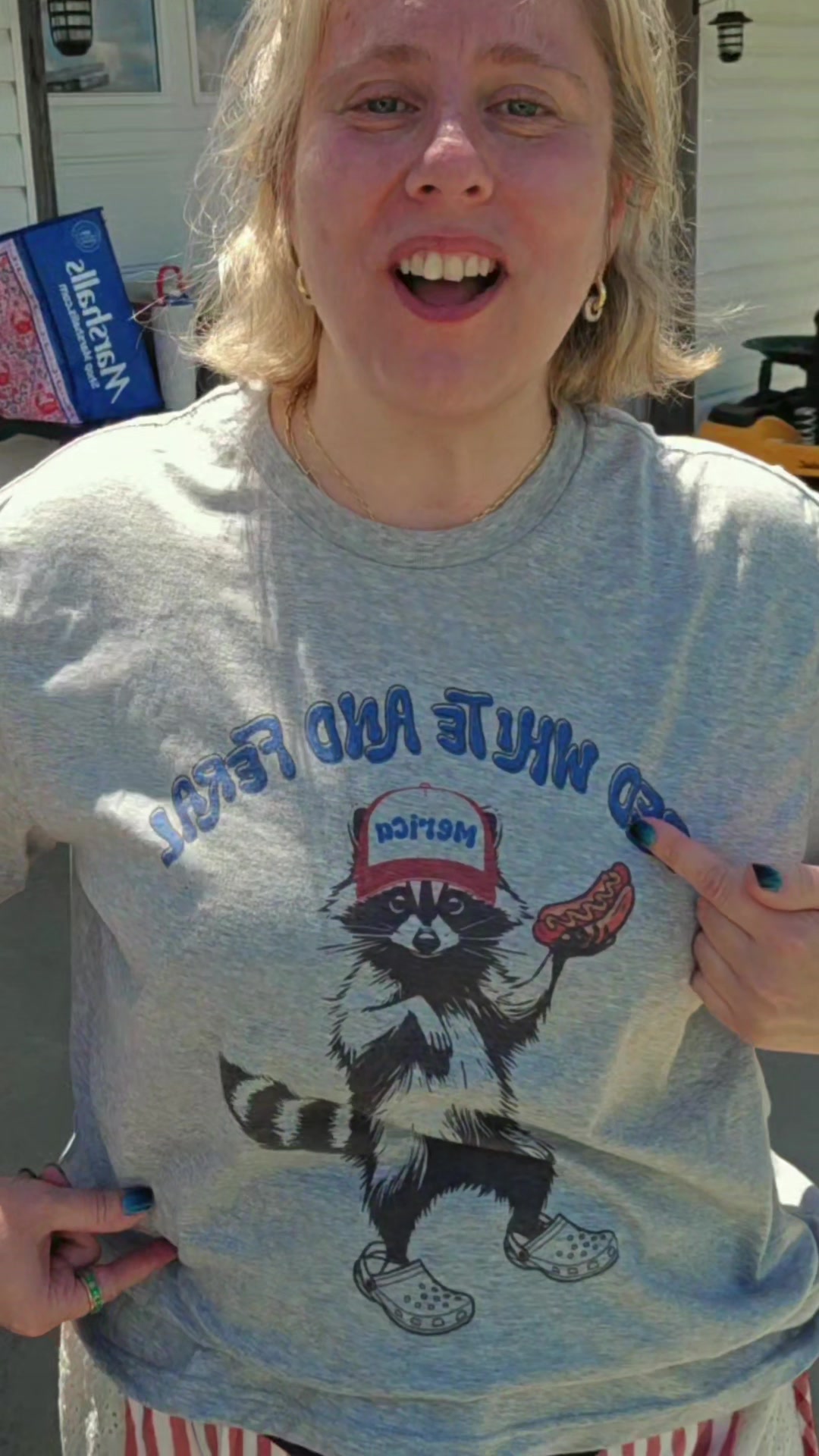 TikTok post by @palletmom79 for PartyOnShop. Caption reads: @PartyOnShop #redwhiteandferal #feralracoon [...].