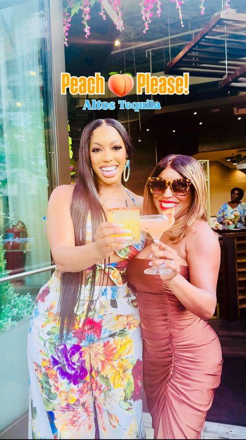 Instagram post by @servinglooksatl for Olmeca Altos Tequila. Caption reads: Peach Please! 🍑 Just in time for National Tequila....