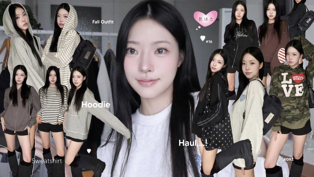 YouTube post by @zihyunseo for MUSINSA. Caption reads: ʜᴀᴜʟ ⁎ ˚ 가을 간절기템  ˖*♬˖ ࣪⊹ 상의편 🍁 후드+스웻셔츠 17종! 취향별로....