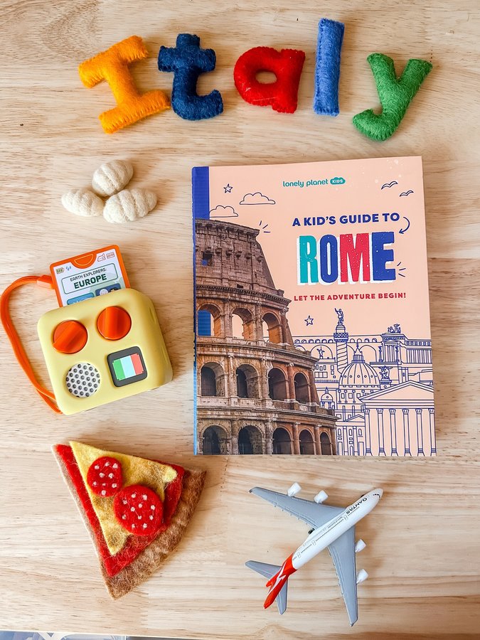 Instagram post by @our.tiny.moments for Tara Treasures. Caption reads: 📕 🍕A Kid’s Guide to Rome 🍕📕 I love that this....