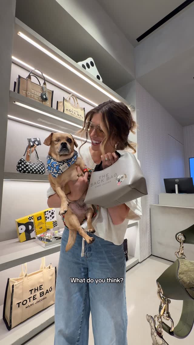 Instagram post by @itskatesteinberg for Marc Jacobs. Caption reads: bob barker is next 🐶👜 @marcjacobs.