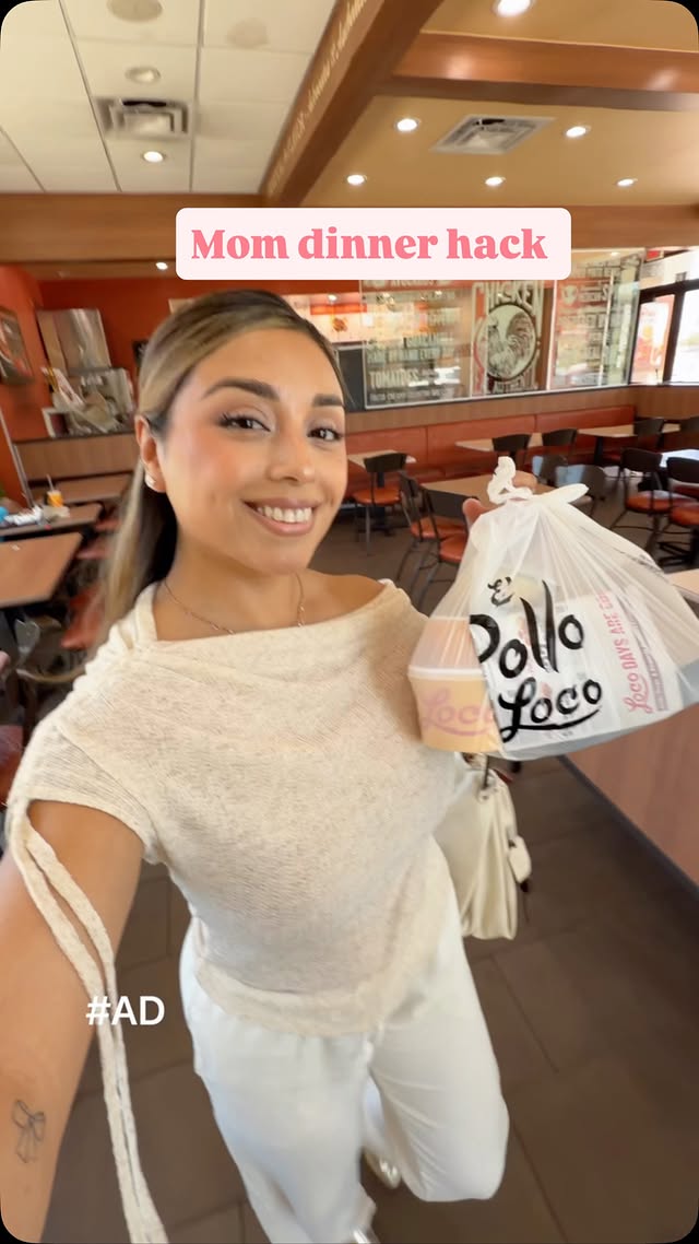 Instagram post by @itsmelinavega for El Pollo Loco. Caption reads: [...] mom hacks is picking up dinner from....